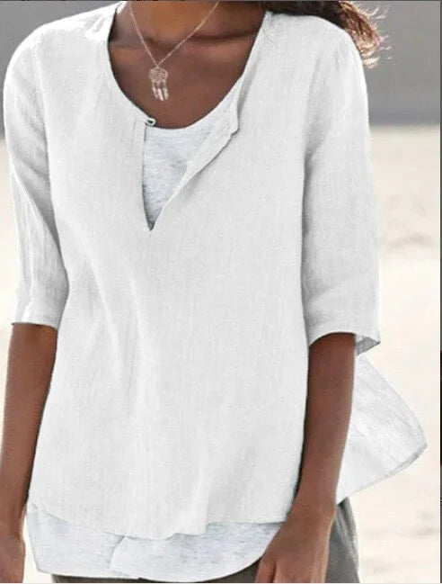 Women's 3/4 Sleeve V-Neck Blouse with Asymmetric Hem