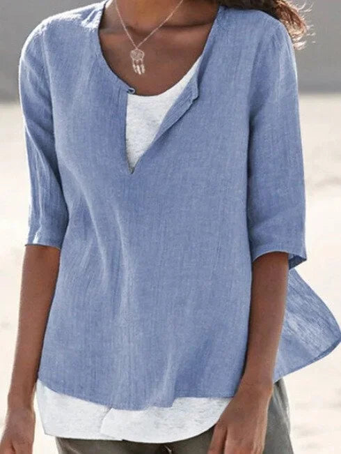 Women's 3/4 Sleeve V-Neck Blouse with Asymmetric Hem