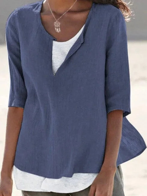 Women's 3/4 Sleeve V-Neck Blouse with Asymmetric Hem
