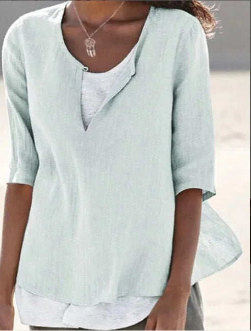 Women's 3/4 Sleeve V-Neck Blouse with Asymmetric Hem