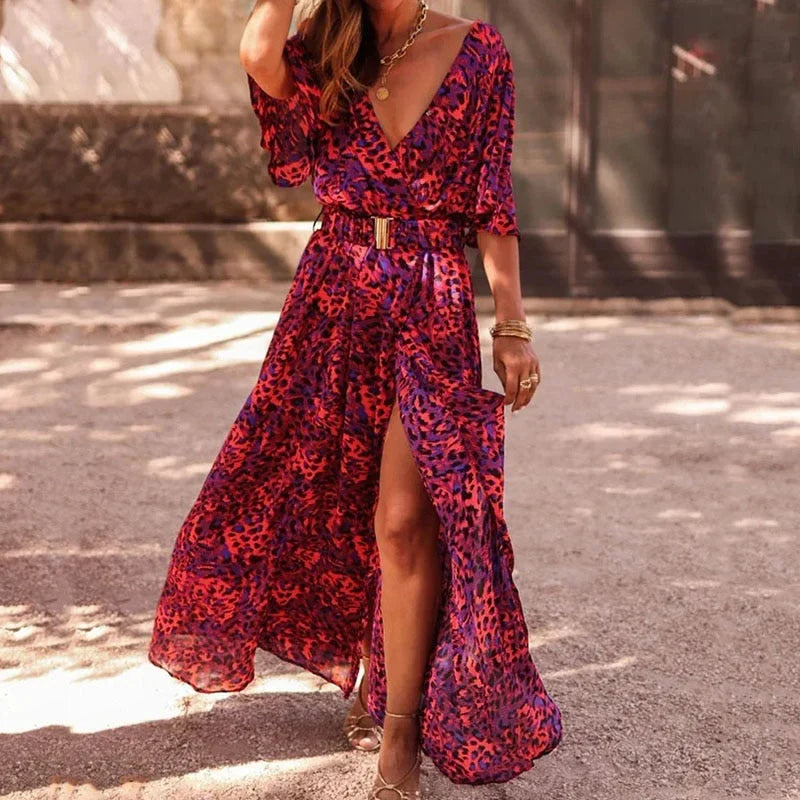 Women's Animal Print Wrap Dress with Side Slit
