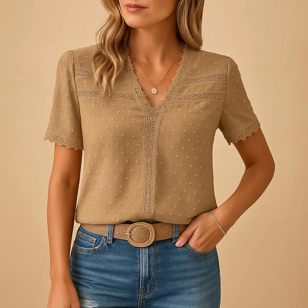 Charlotte | Women's Textured Lace-Trim V-Neck Blouse