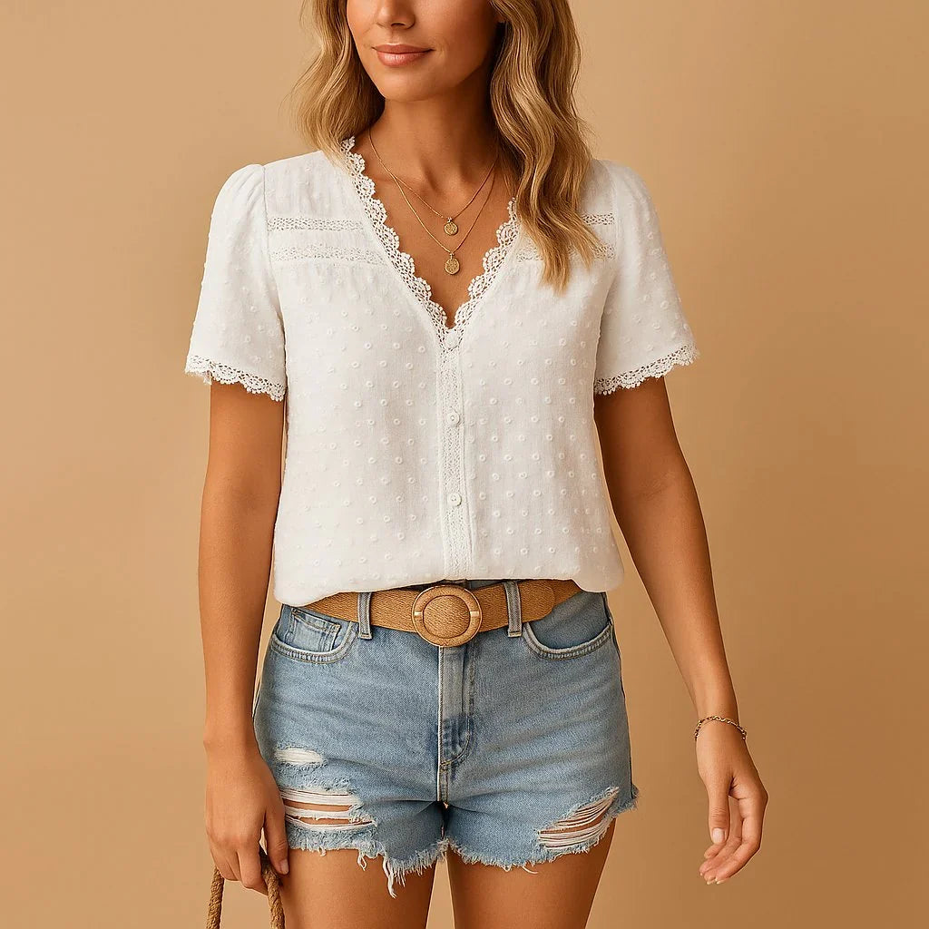 Charlotte | Women's Textured Lace-Trim V-Neck Blouse