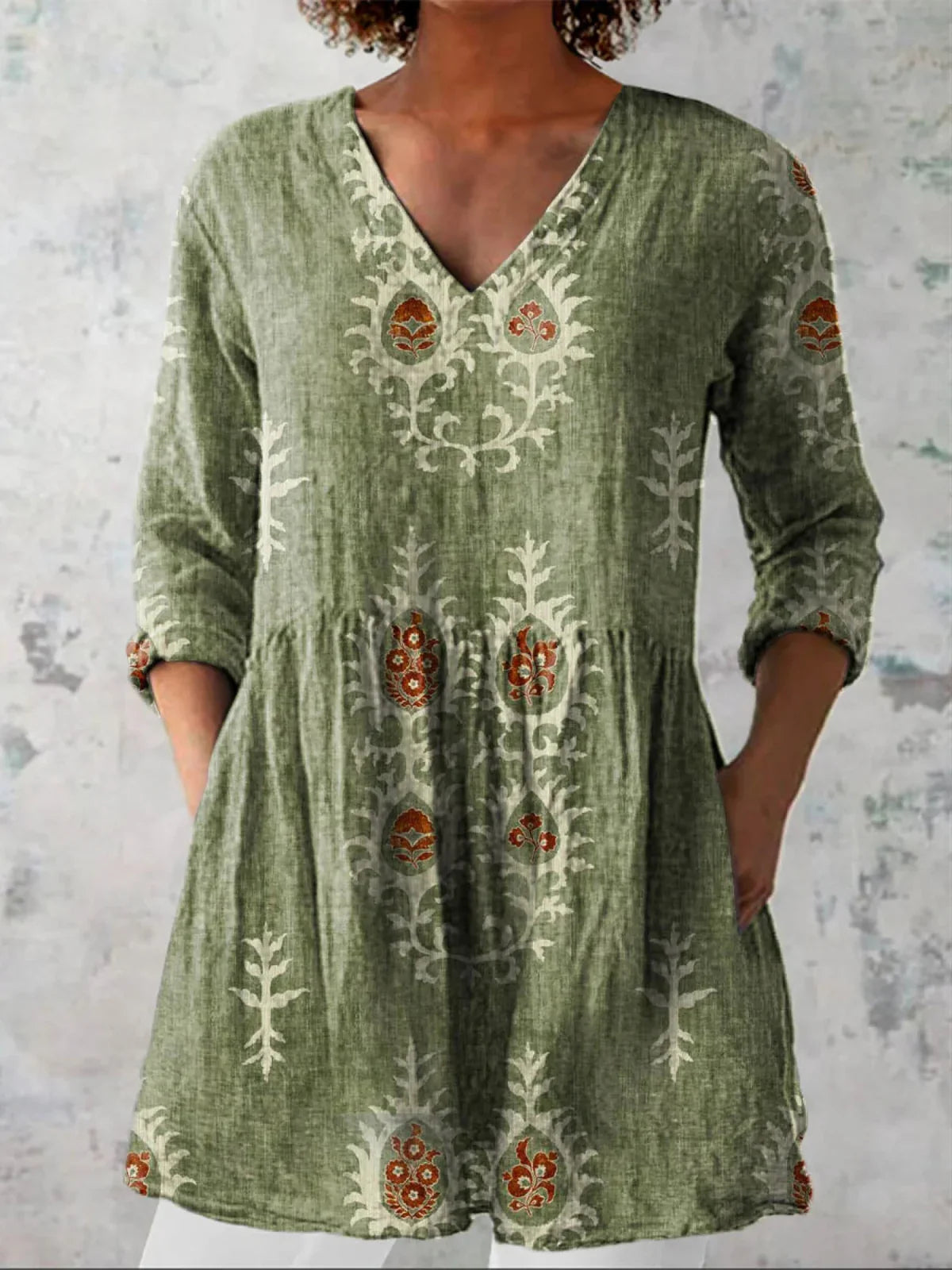 Women's Embroidered V-Neck Blouse with Three-Quarter Sleeves