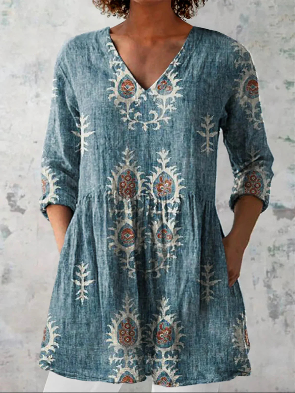 Women's Embroidered V-Neck Blouse with Three-Quarter Sleeves