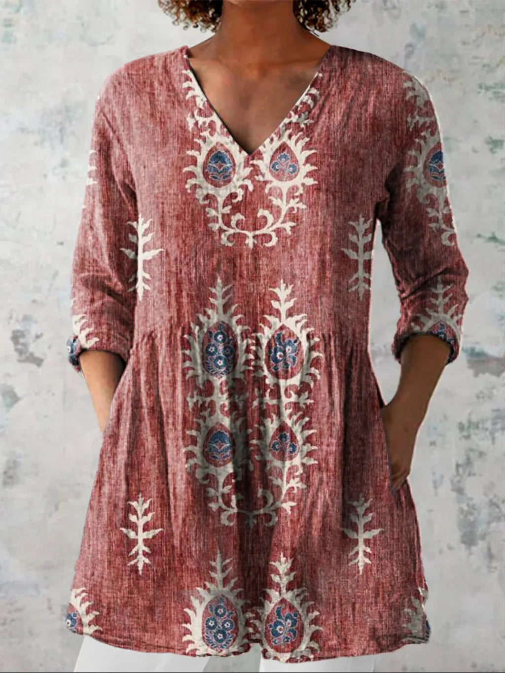 Women's Embroidered V-Neck Blouse with Three-Quarter Sleeves