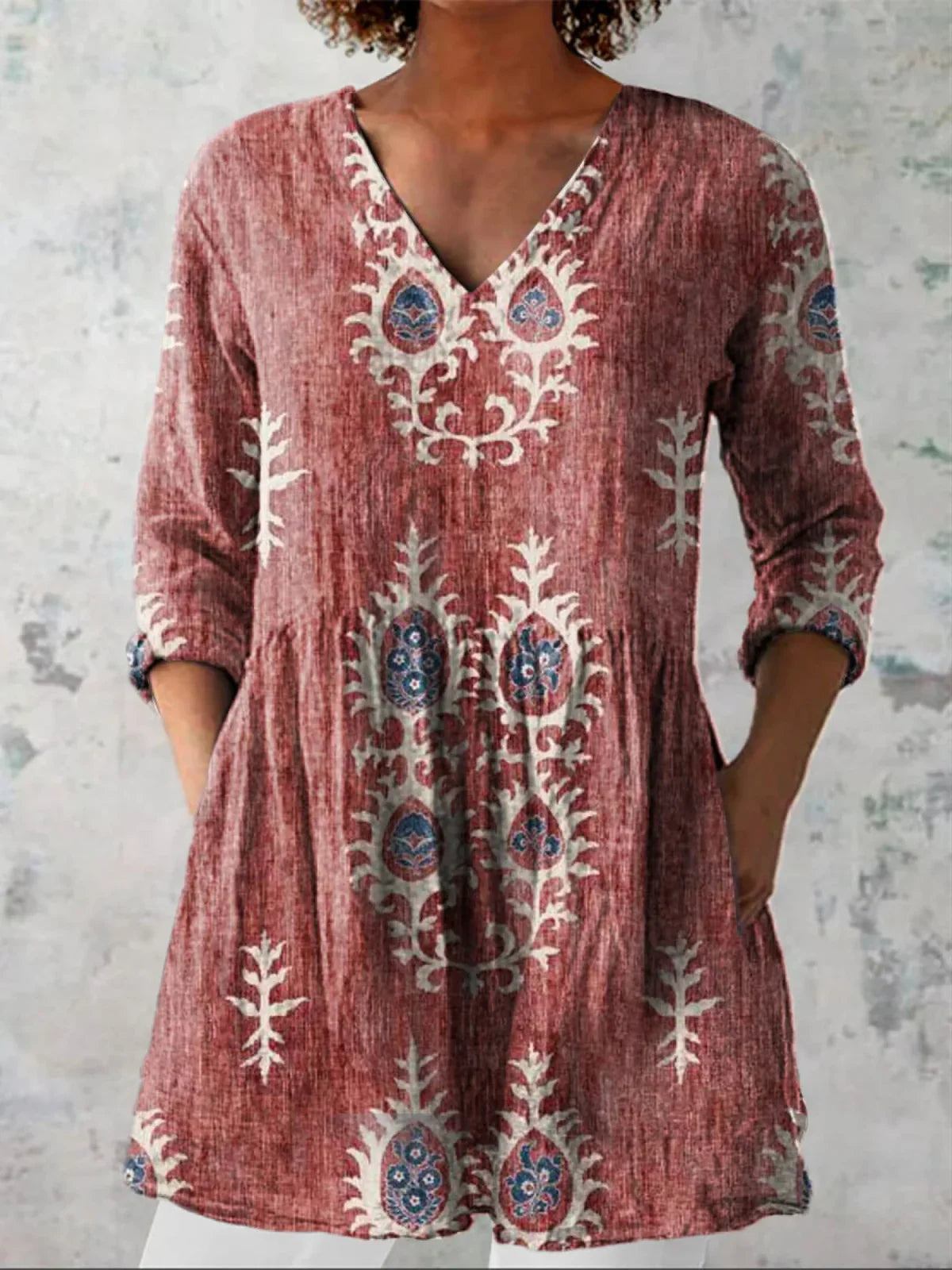 Women's Embroidered V-Neck Blouse with Three-Quarter Sleeves
