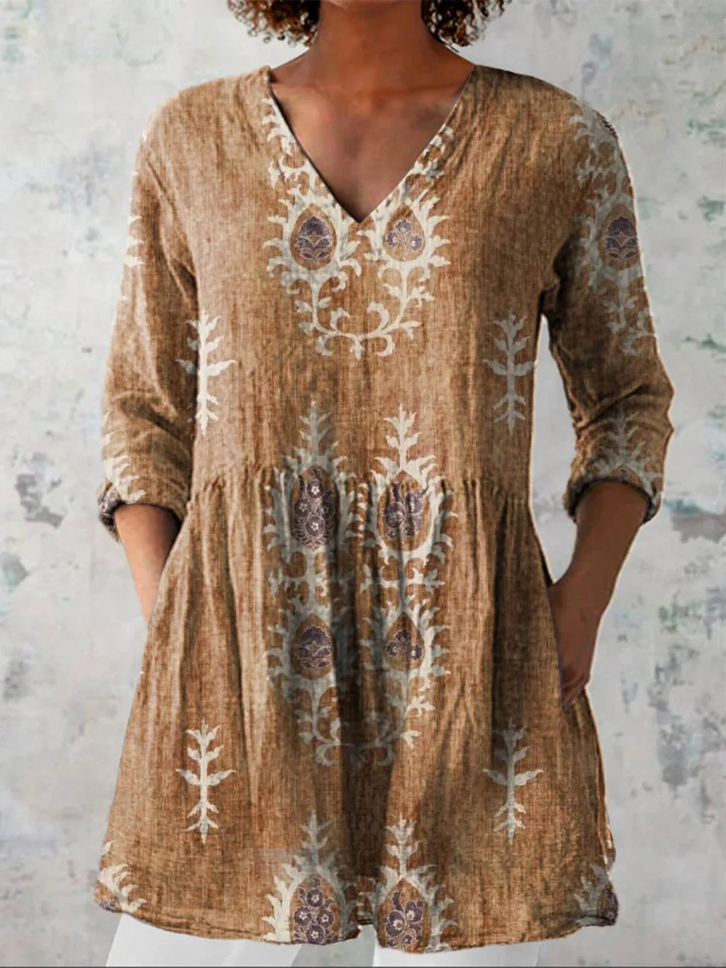 Women's Embroidered V-Neck Blouse with Three-Quarter Sleeves