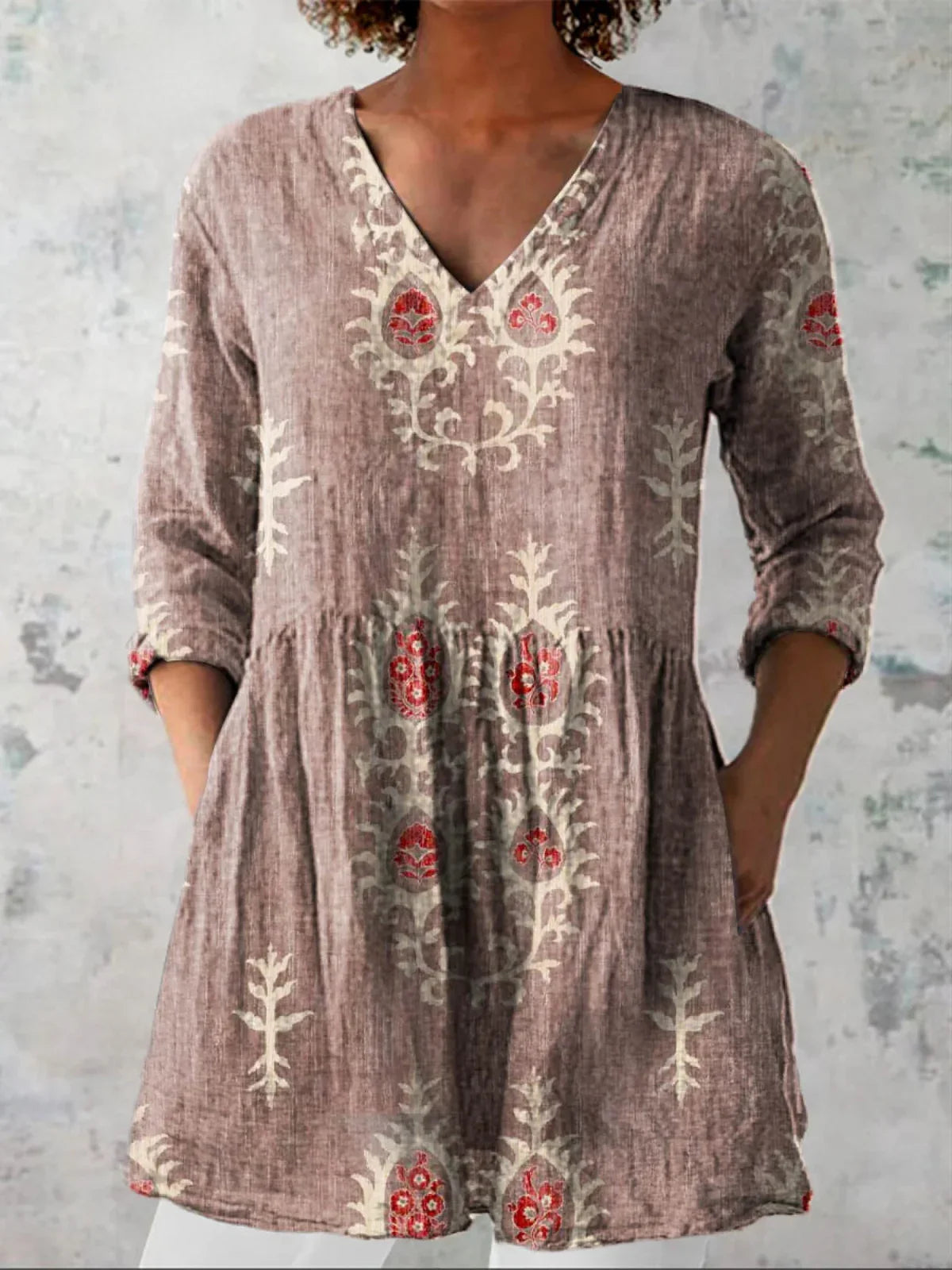 Women's Embroidered V-Neck Blouse with Three-Quarter Sleeves