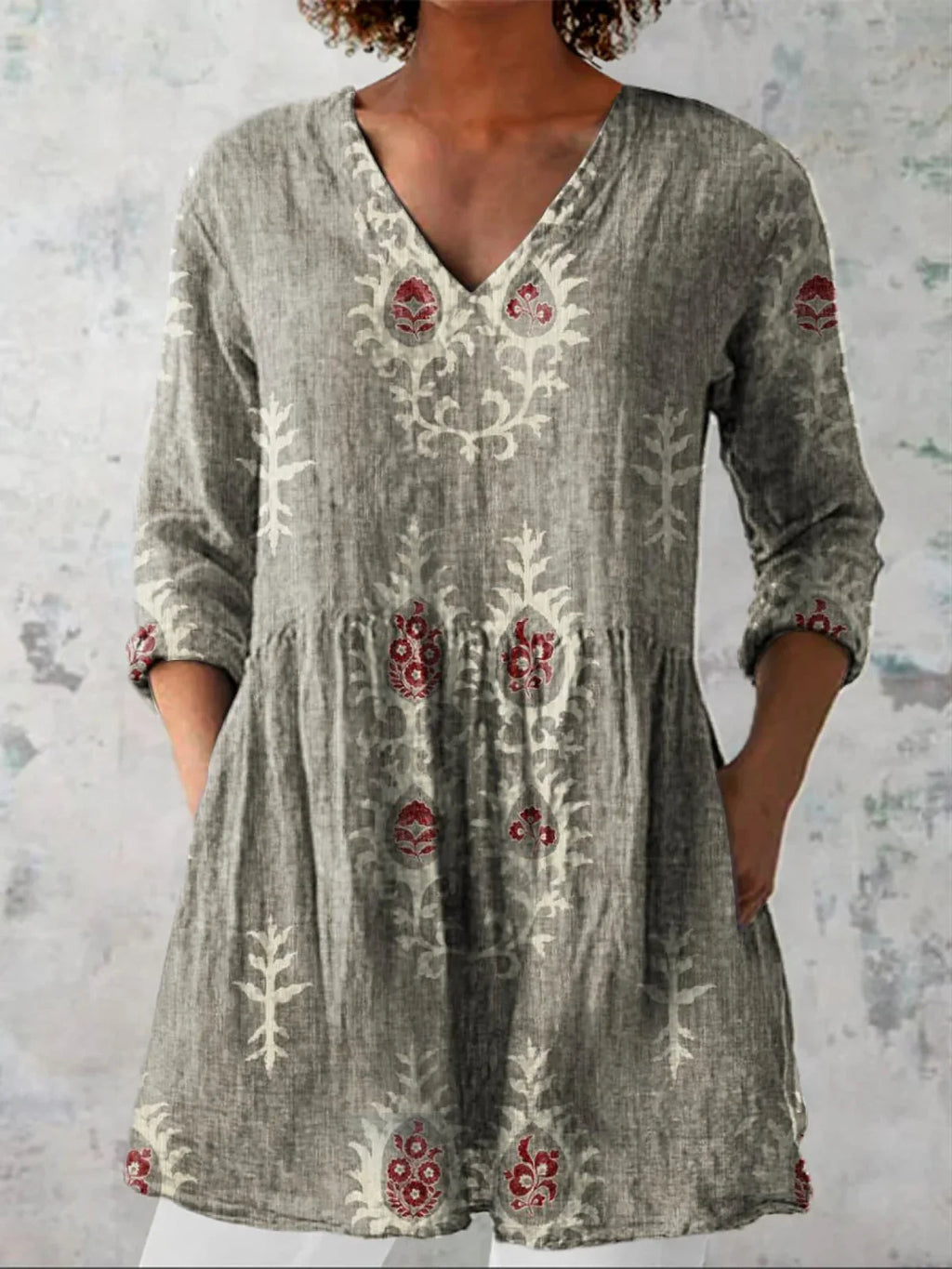 Women's Embroidered V-Neck Blouse with Three-Quarter Sleeves