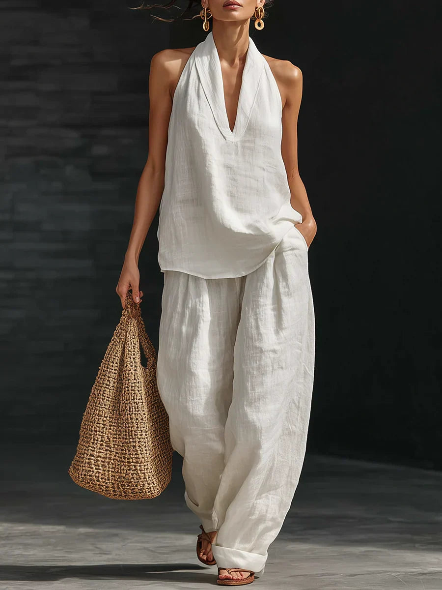 Women's Wide-Leg Trouser Co-Ord Set with V-Neck Top