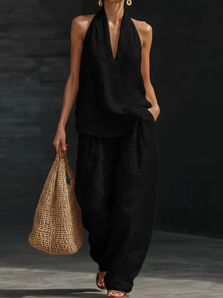 Women's Wide-Leg Trouser Co-Ord Set with V-Neck Top