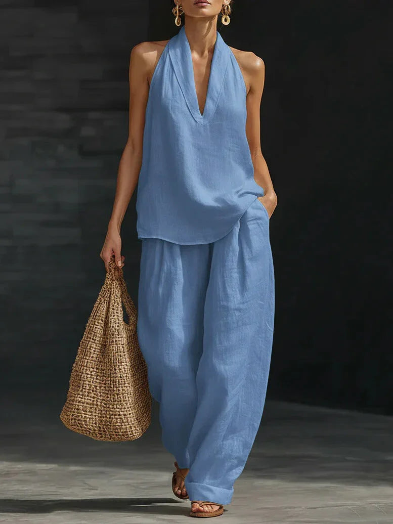 Women's Wide-Leg Trouser Co-Ord Set with V-Neck Top