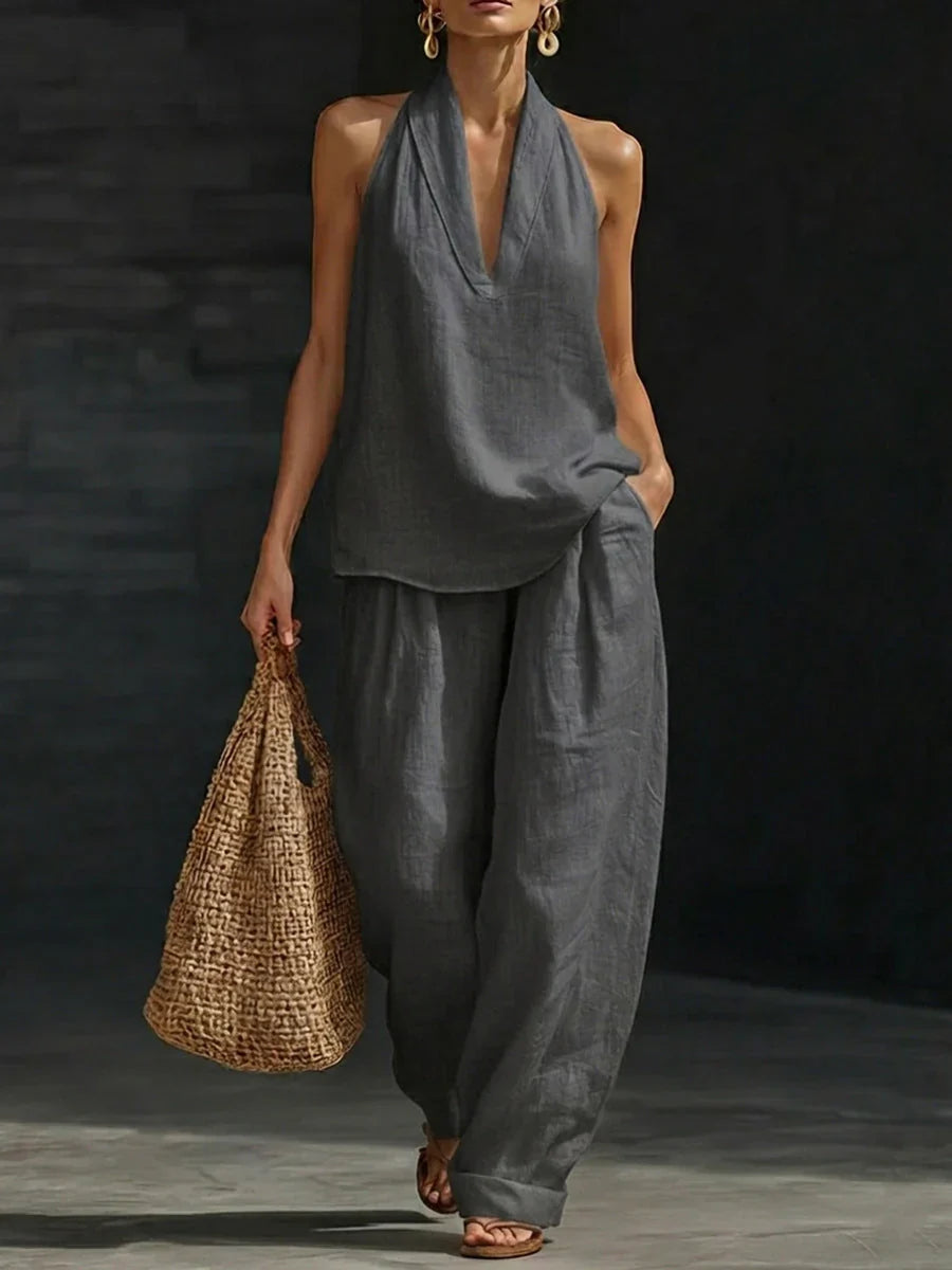 Women's Wide-Leg Trouser Co-Ord Set with V-Neck Top
