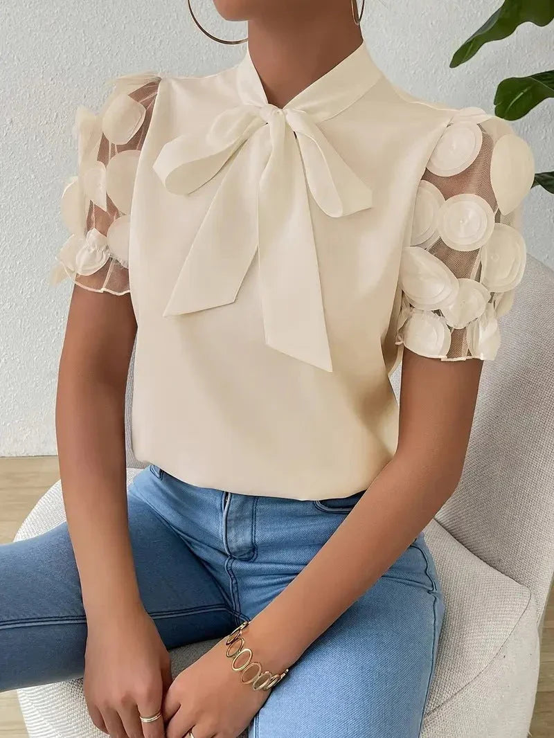 Women's Bow Blouse with Tulle Sleeves and 3D Roses