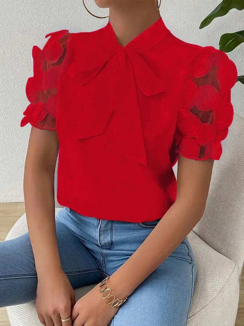 Women's Bow Blouse with Tulle Sleeves and 3D Roses