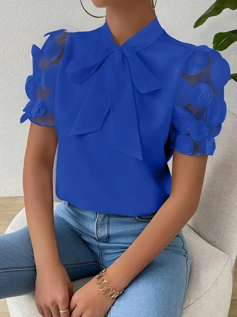 Women's Bow Blouse with Tulle Sleeves and 3D Roses