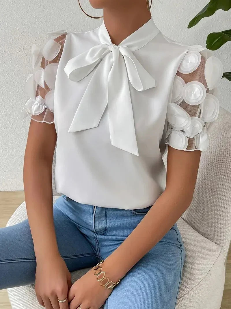 Women's Bow Blouse with Tulle Sleeves and 3D Roses