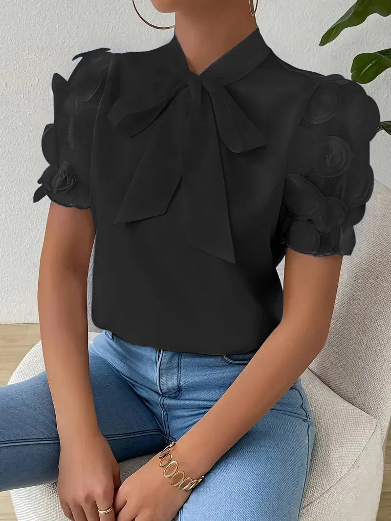 Women's Bow Blouse with Tulle Sleeves and 3D Roses