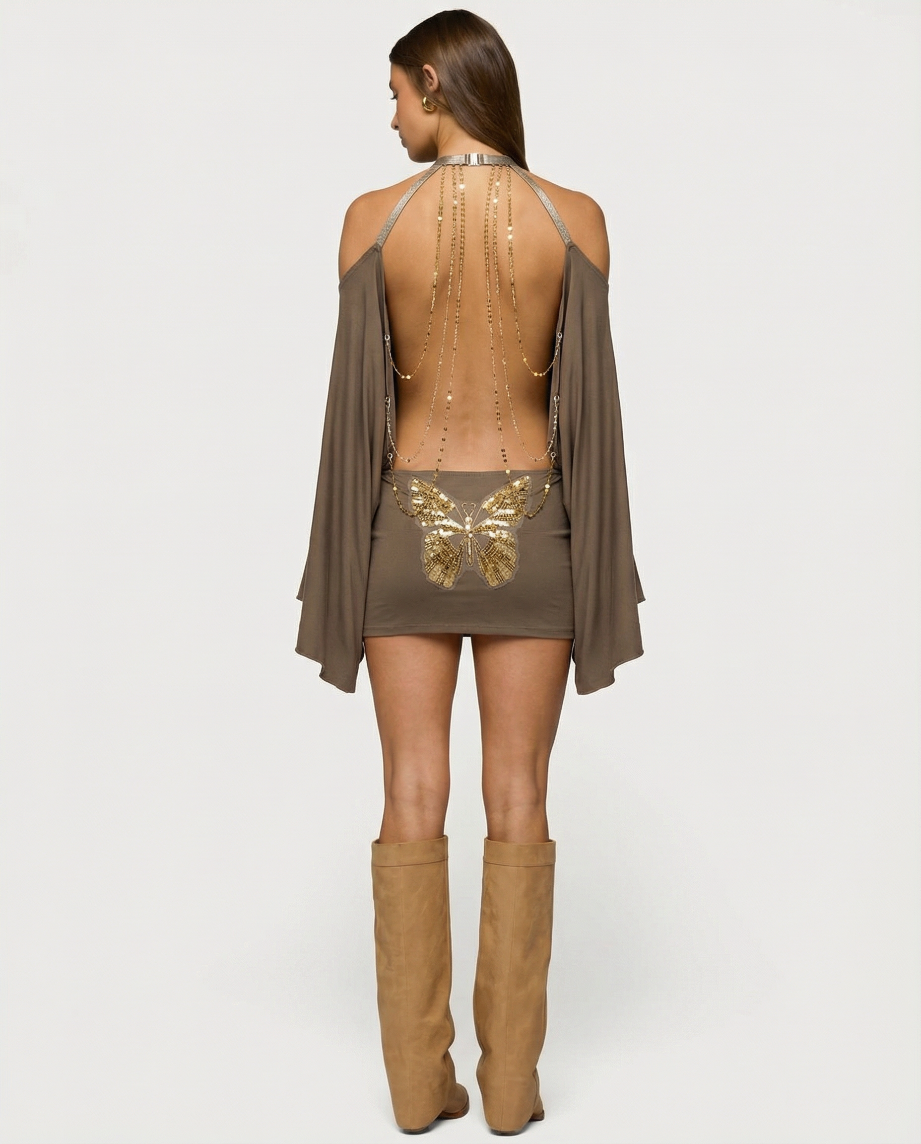 Women's Open Back Party Mini Dress with Gold Chain Detail