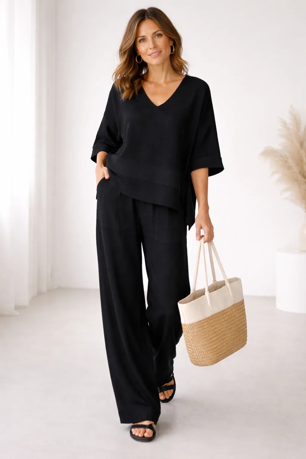 Women's Wide-Leg Trouser and V-Neck Top Co-ord Set