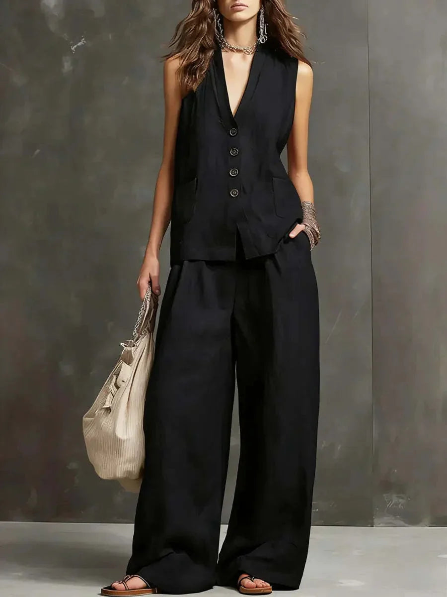 Women's Linen Waistcoat and Wide-Leg Trouser Set