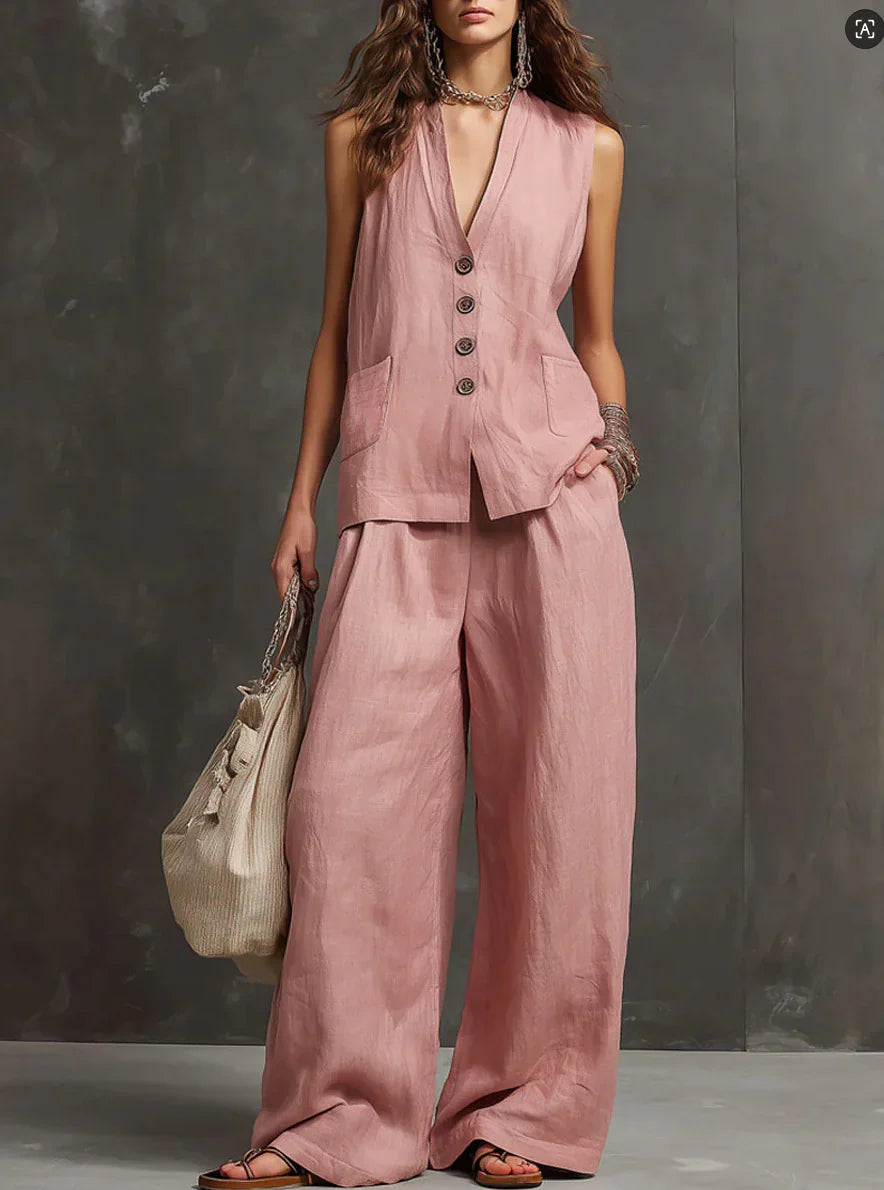 Women's Linen Waistcoat and Wide-Leg Trouser Set