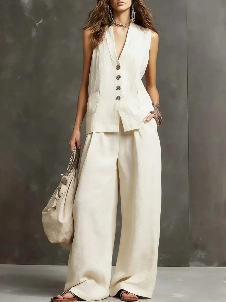Women's Linen Waistcoat and Wide-Leg Trouser Set