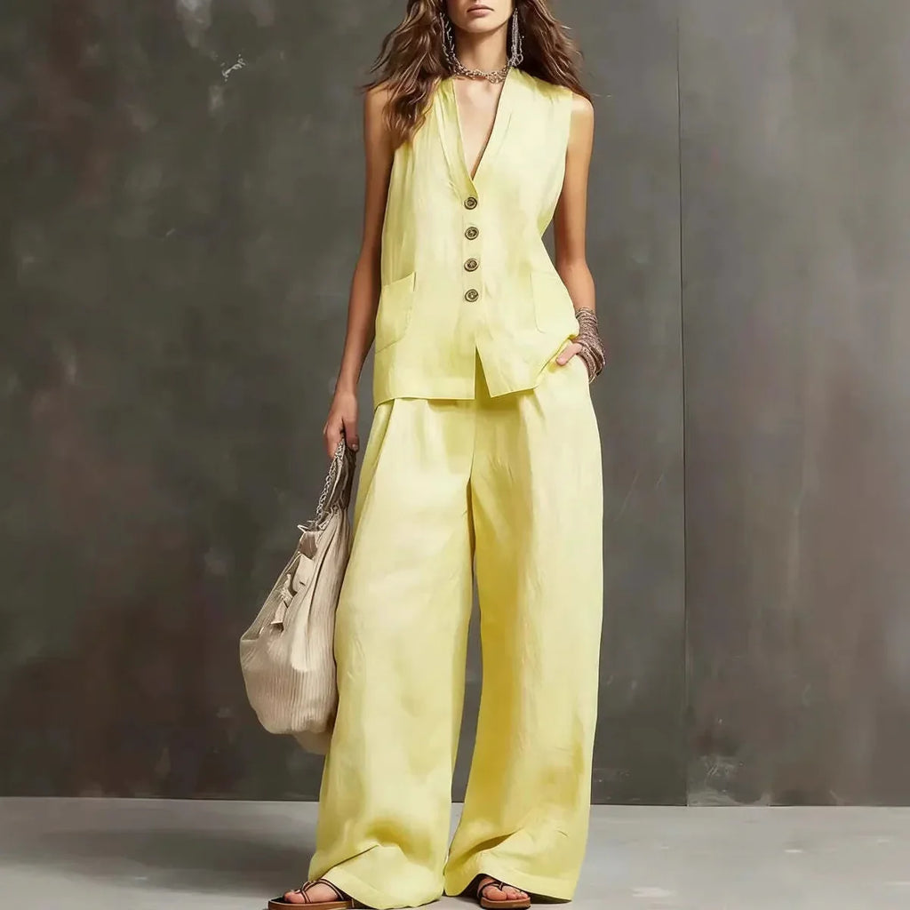 Women's Linen Waistcoat and Wide-Leg Trouser Set