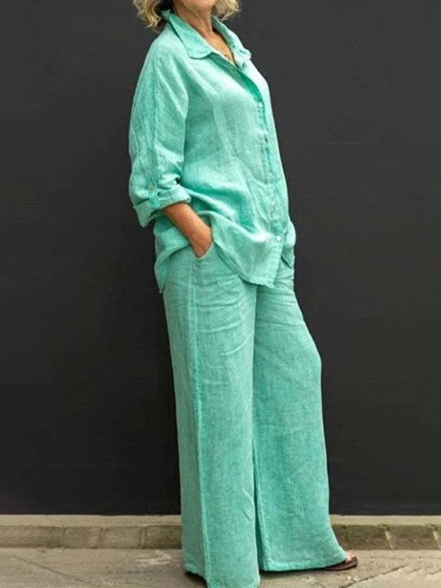 Women's Linen Co-Ord Shirt and Wide-Leg Trouser Set