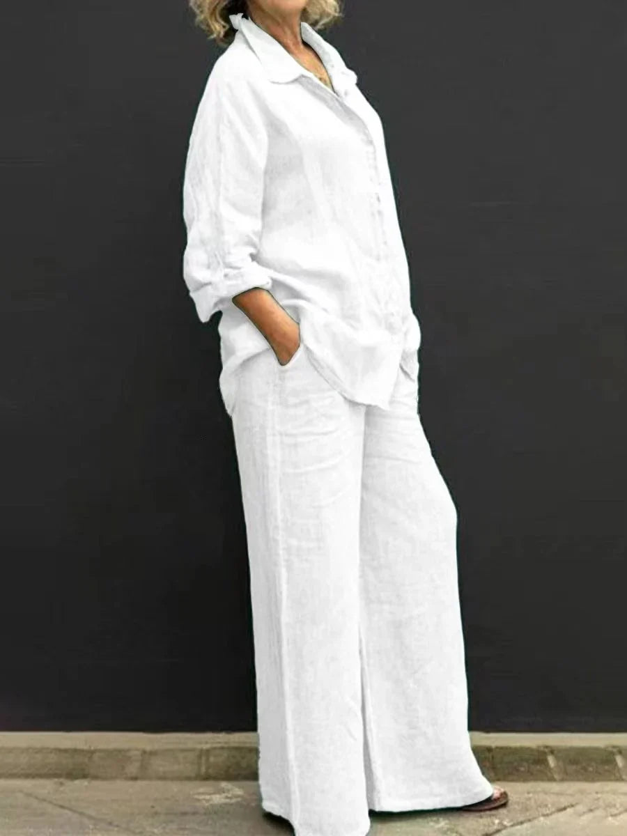 Women's Linen Co-Ord Shirt and Wide-Leg Trouser Set