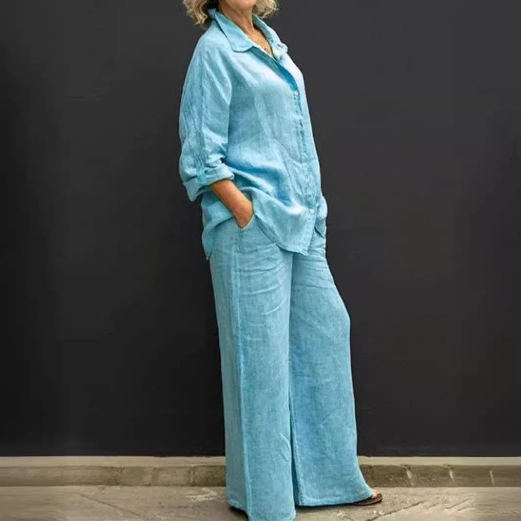 Women's Linen Co-Ord Shirt and Wide-Leg Trouser Set