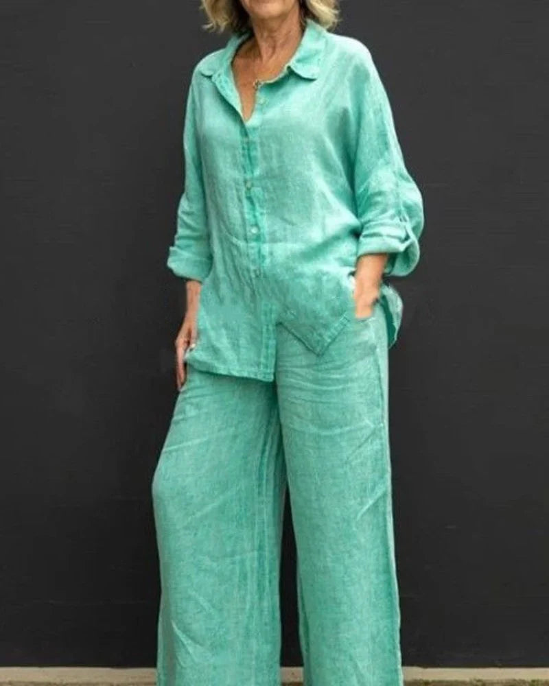Women's Linen Co-Ord Shirt and Wide-Leg Trouser Set