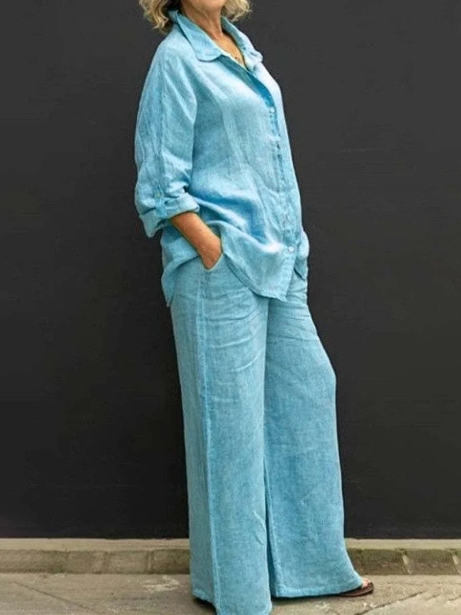 Women's Linen Co-Ord Shirt and Wide-Leg Trouser Set