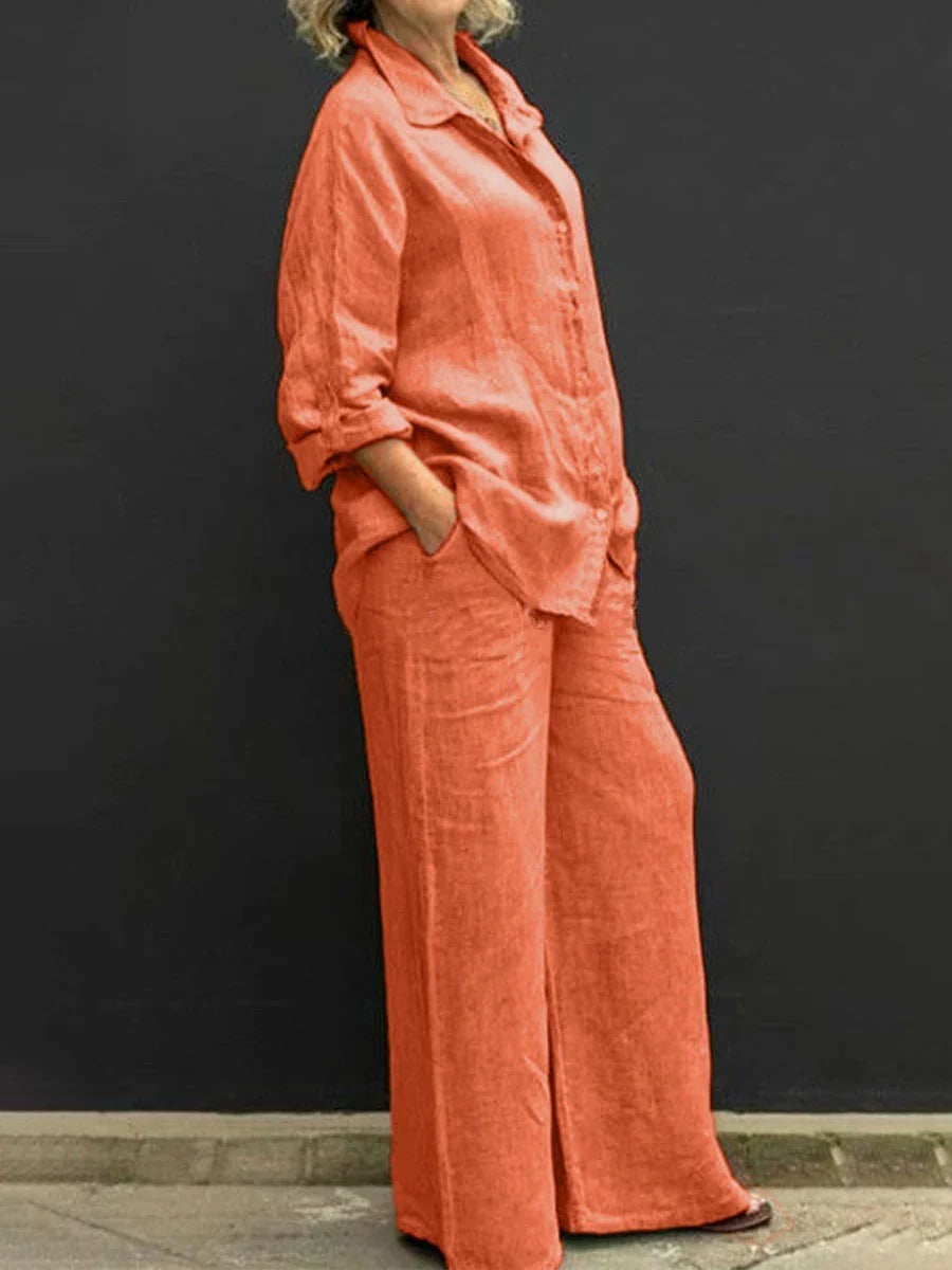 Women's Linen Co-Ord Shirt and Wide-Leg Trouser Set