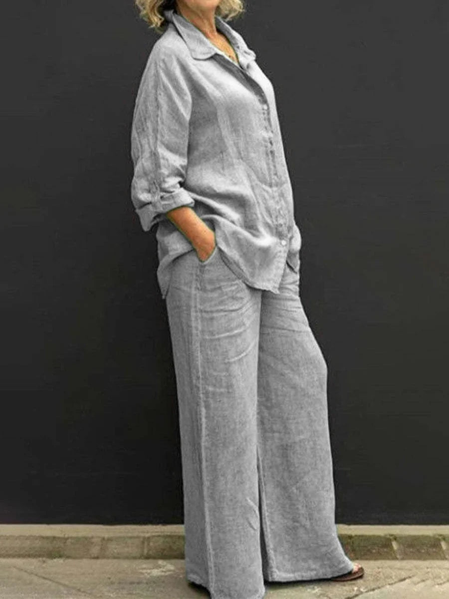 Women's Linen Co-Ord Shirt and Wide-Leg Trouser Set